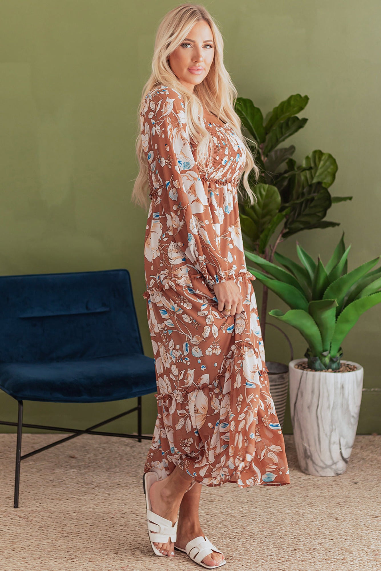 Willow Floral Shirred Square Neck High Waist Maxi Dress